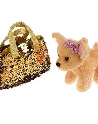Мягкая игрушка Мой питомец Собака в сумочке из пайеток золото 15 см