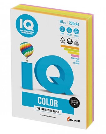 IQ Бумага цветная Микс Неон А4 200 листов