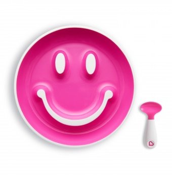 Миниатюра фотографии Набор тарелка и ложка munchkin "улыбка", розовый