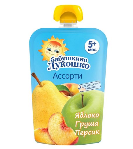 Пюре Бабушкино лукошко яблоко-груша-персик, с 5 месяцев, 90 г