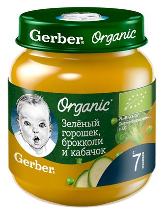 Пюре Gerber зеленый горошек-брокколи-кабачок, с 6 месяцев, 125 г