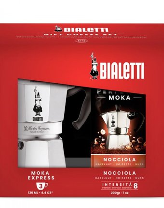 Bialetti Набор Гейзерная кофеварка Moka Express на 3 порции и кофе молотый Hazelnut 200 г