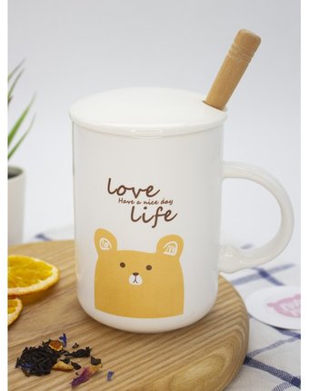 Миниатюра фотографии Mihi mihi кружка мишка love life с крышкой и ложечкой 420 мл