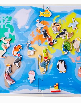 Деревянная игрушка Сибирские игрушки Карта мира Птицы и морские животные (на липучках)
