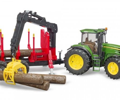 Bruder Трактор John Deere c прицепом с манипулятором и 4 брёвнами